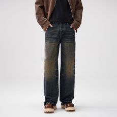 批发实拍美式宽松直筒牛仔裤男春秋百搭复古高街潮牌阔腿裤子