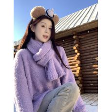 实拍  奶fufu蓝色毛衣女加厚保暖高级感奶系颗粒绒针织上衣配围巾