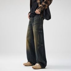 批发实拍美式复古黄泥色牛仔裤男新款做旧微喇休闲阔腿长裤子