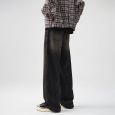 批发实拍美式宽松直筒牛仔裤男新款水洗做旧复古高街阔脚裤休闲裤