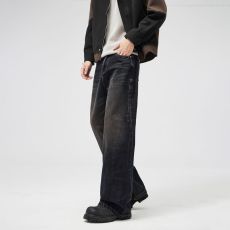 批发实拍美式宽松直筒复古设计感牛仔裤男秋冬潮牌炸街情侣裤子