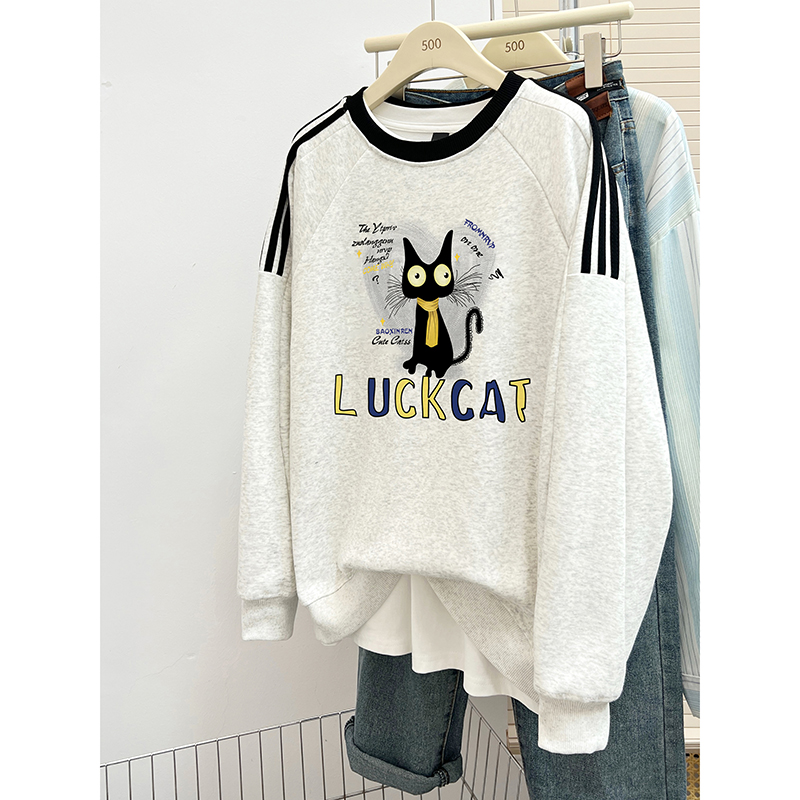 PF28628#华棉复合牛奶丝圆领撞色半三条杠卫衣女裝貨源服裝批發