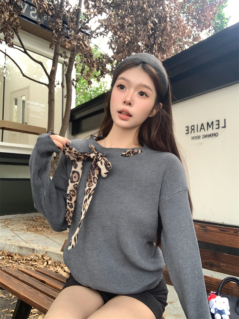 PF28622#新设计感豹纹丝巾系带毛衣慵懒宽松长袖针织上衣女裝貨源服裝批發