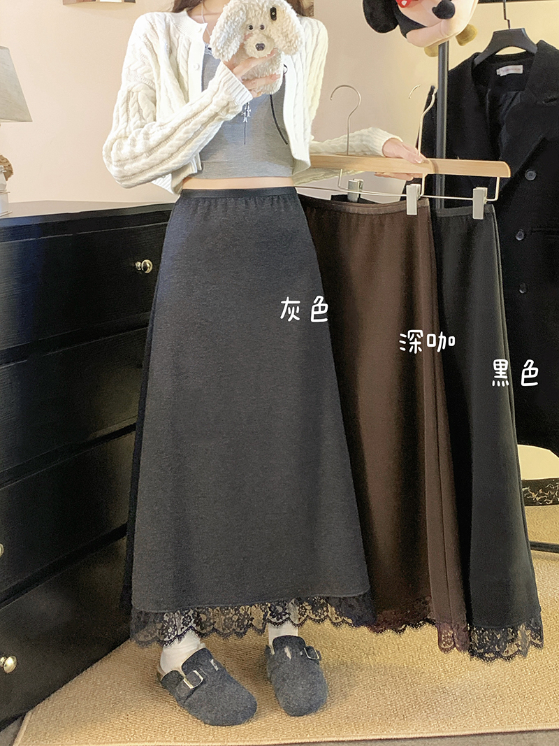 实拍2025春装新款胖mm大码女百搭高腰加厚保暖A字蕾丝边半身裙