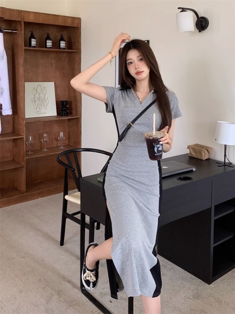PF28366#女装设计感撞色短袖连衣裙夏季MM收腰显瘦修身开叉长裙女裝貨源服裝批發