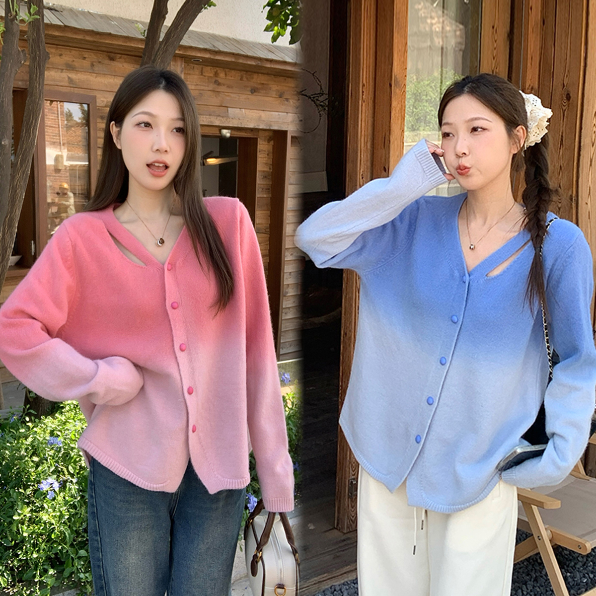 PF29471#新款胖mm大码女渐变甜美针织开衫设计感镂空外穿毛衣女裝貨源服裝批發