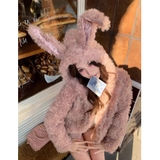 批发八盖pinky piggy 兔子警官 软糯粉色环保皮草外套套装高腰短裤