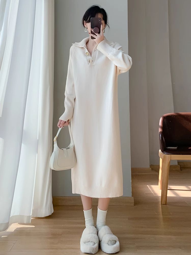 PF28692#中长款polo长袖宽松毛衣女女裝貨源服裝批發