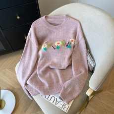 批发实拍 新款韩系穿搭早秋圆领上衣设计感紫色立体花朵针织衫毛衣