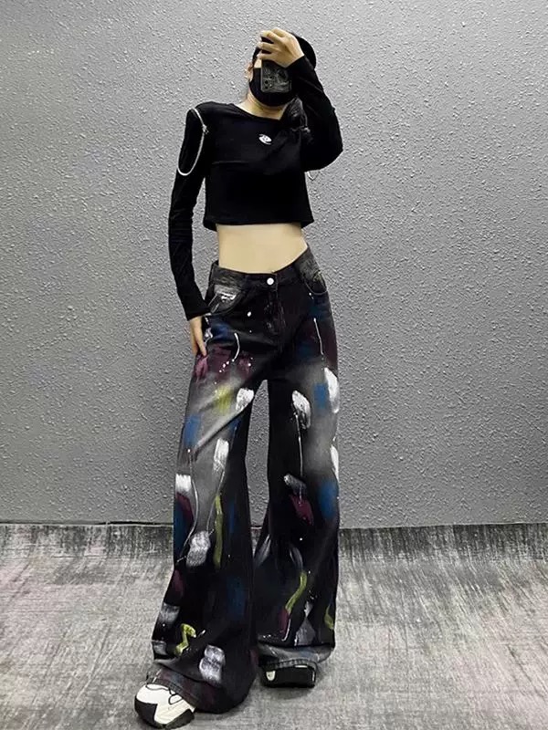 FA56983# 美式复古个性彩绘拼色阔腿牛仔裤女夏季新款宽松直筒拖地裤子