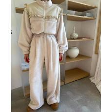 批发有货 韩国东大门冬季新荷叶边休闲毛绒上衣+休闲裤