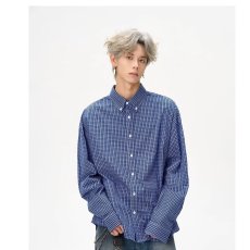 批发美式复古慵懒<b class='q'>风</b>蓝色格纹格子衬衫衬衣男女宽松潮牌秋外套