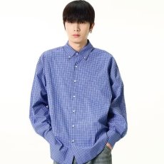 批发蓝色格子衬衫长袖男春秋美式复古格纹痞帅高级感宽松百搭休闲衬衣
