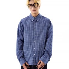 批发蓝色格子衬衫长袖男春秋美式复古格纹痞帅高级感宽松百搭休闲衬衣