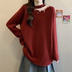 批发设计感镂空红色毛衣女2025秋冬<b class='q'>大码</b>胖mm宽松中长款别致<b class='q'>针织衫</b>上衣