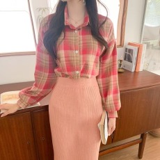 批发韩版春季新款粉红色格子衬衫宽松休闲格纹百搭上衣女外套长袖衬衣