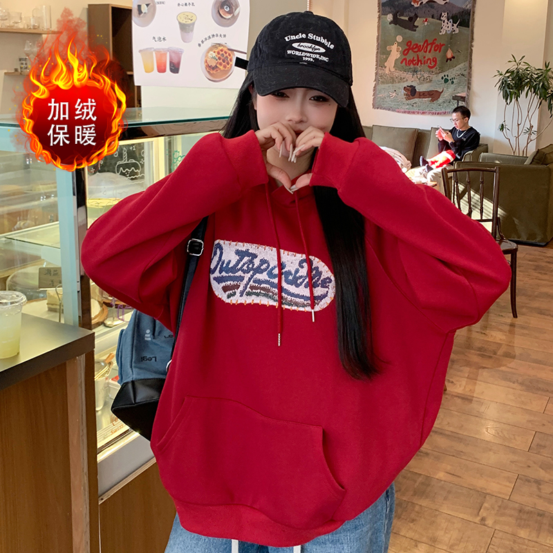 圣诞红加绒加厚大码女装卫衣冬季印花宽松型连帽卫衣
