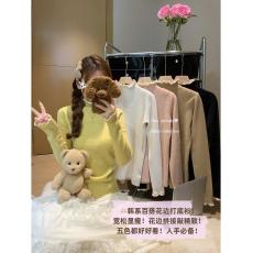 批发花边拼接长袖针织衫女新款温柔风半高领修身打底上衣