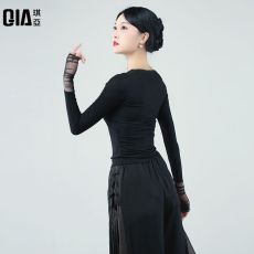 批发中国风古典<b class='q'>舞蹈服装</b>女网纱拼接黑色长袖练功服修身现代舞基训演出