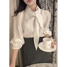 批发尺码更 现huo韩国chic  天丝皱 高领 飘带 <b class='q'>长袖</b>衬衫