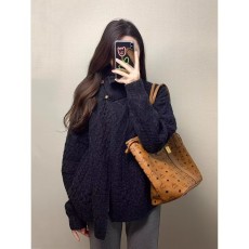 批发翻领麻花毛衣外套女秋冬季2024新款慵懒风针织开衫高级感加厚上衣