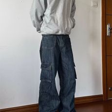 批发复古水洗多口袋工装牛仔裤男女宽松直筒cleanfit垂感拖地阔腿长裤