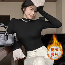 批发已出货 德绒罗纹内搭高领保暖打底衫女长袖秋冬拼接<b class='q'>T</b><b class='q'>恤</b>上衣