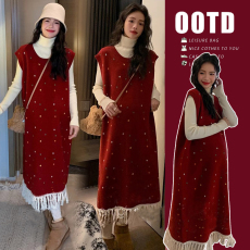 批发现现#孕妇连衣裙<b class='q'>秋</b>冬装2024新款满天星流苏背心裙+卡通衬衣两件套