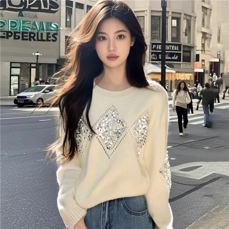 MY15754# 慵懒风亮片宽松套头毛衣秋冬新款高级感含羊毛针织衫女女裝貨...