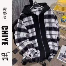 批发小香风黑白格子连帽呢子外套男士宽松复古青少年休闲拼接毛呢夹克