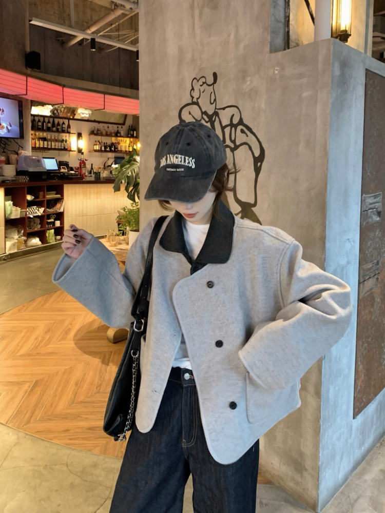 실사 정가 한 부서 배색 폴로 칼라 양면 모직 코트 여성 레트로 루즈핏 디자인 센스 모직 외투