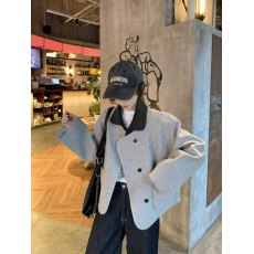 批发实拍实价！韩系撞色翻领双面呢子大衣女复古宽松设计感毛呢外套