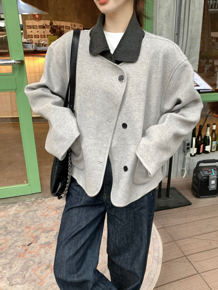 실사 정가 한 부서 배색 폴로 칼라 양면 모직 코트 여성 레트로 루즈핏 디자인 센스 모직 외투