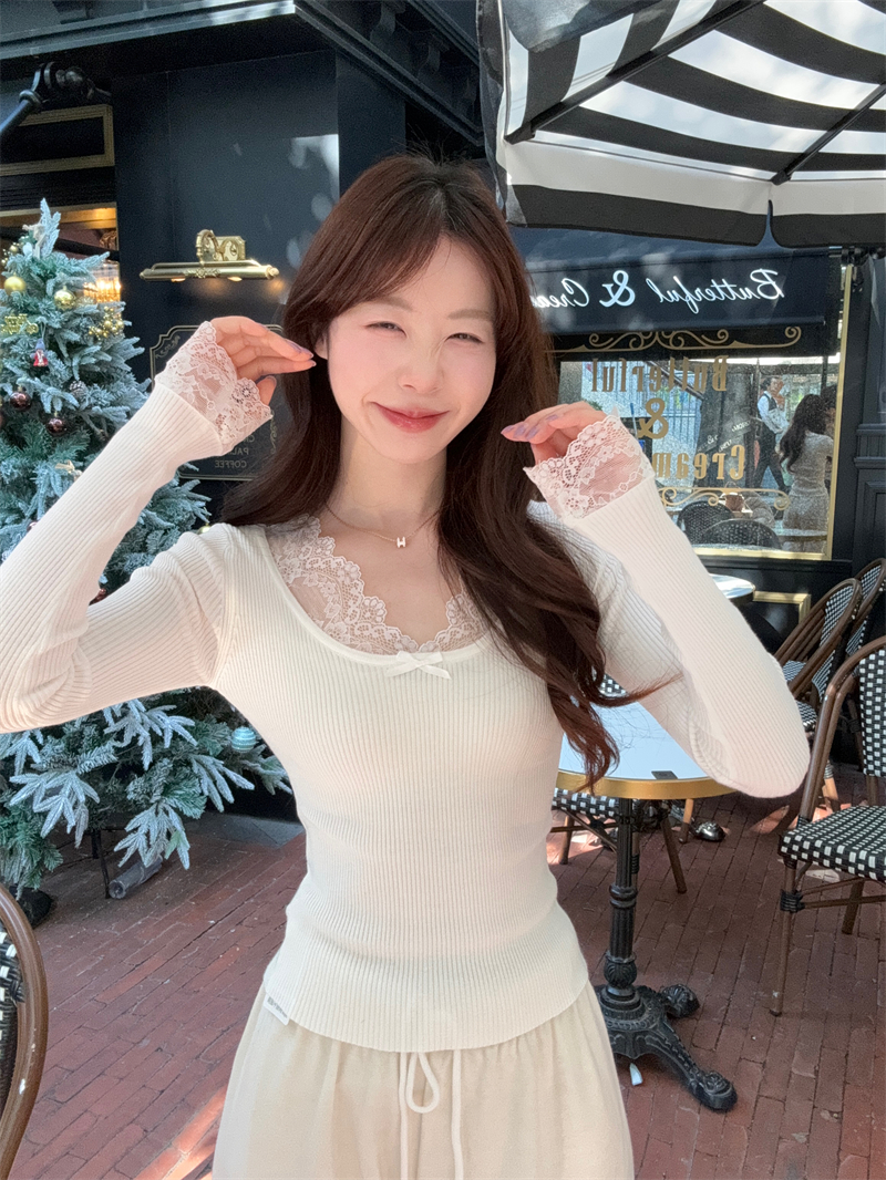 실사 이른 가을 새로운 인사이드 가져 가라. 외출용 긴팔 맨위 여성 고급 센스 풀오버 레트로 레이스 니트 스웨터