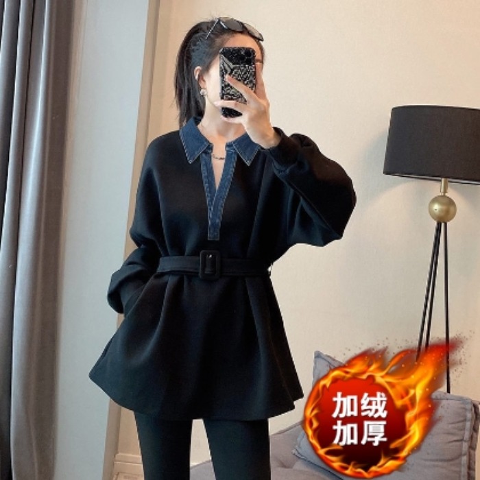 검정색 중간 길이 표지 엉덩이 후드티 여성 작은 키 허리 수축 프랑스식 맨위 가을 겨울 2025 새로운 유럽 역 물품