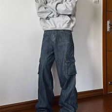 批发复古水洗多口袋工装牛仔裤男女宽松直筒cleanfit垂感拖地阔腿长裤
