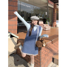 批发实拍！蕾丝边拼接V领小个子A字毛呢背心裙+针织高领内搭打底毛衣