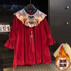 批发女童红色加绒连衣裙秋冬款中国风披肩公主裙<b class='q'>儿童</b>新年装拜年服裙子