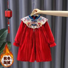 批发女童加绒连衣裙冬装2025新款洋气儿童红色公主裙女孩中国风拜年服