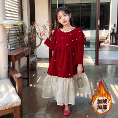 批发女童秋冬喜庆裙子2025新款洋气红色加绒连衣裙儿童泡泡袖公主裙子
