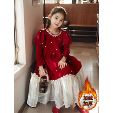 批发女童红色连衣裙冬季加绒拜年服2025新款亮片礼服丝绒公主裙蓬蓬裙