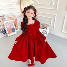 批发女童红色喜庆连衣裙2025秋冬新款儿童泡泡袖礼服公主裙女孩拜年服
