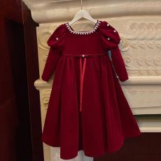 批发女童红色喜庆连衣裙2025秋冬新款儿童泡泡袖礼服公主裙女孩拜年服