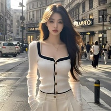 批发包芯纱洗水~<b class='q'>春</b>季独特别致拼色方领针织衫女设计感修身长袖上衣