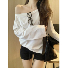 40支210克螺纹92棉8氨纶后包领2026春秋纯棉长袖T恤锁骨露肩打底