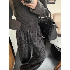 批发复古宽松格子休闲裤慵懒风阔腿裤女冬季高腰毛呢直筒裤拖地裤长裤