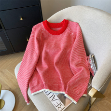 批发实拍◆有货 韩系慵懒撞色条纹毛衣女圆领套头<b class='q'>宽松</b>软糯上衣内搭