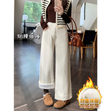 批发孕妇<b class='q'>白色</b>不透<b class='q'>牛仔裤</b>秋冬款加绒加厚抽绳直筒裤外穿简约百搭宽松型
