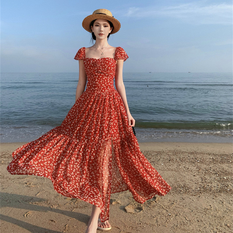FA26098# 茶歇法式赫本温柔减龄红色碎花连衣裙古着vintage仙女裙高级感女 服裝批發女裝批發服飾貨源