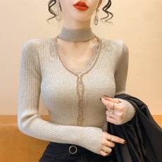 批发实拍 2025装新款水晶钻交叉V领毛衣针织打底衫内搭紧身女上衣